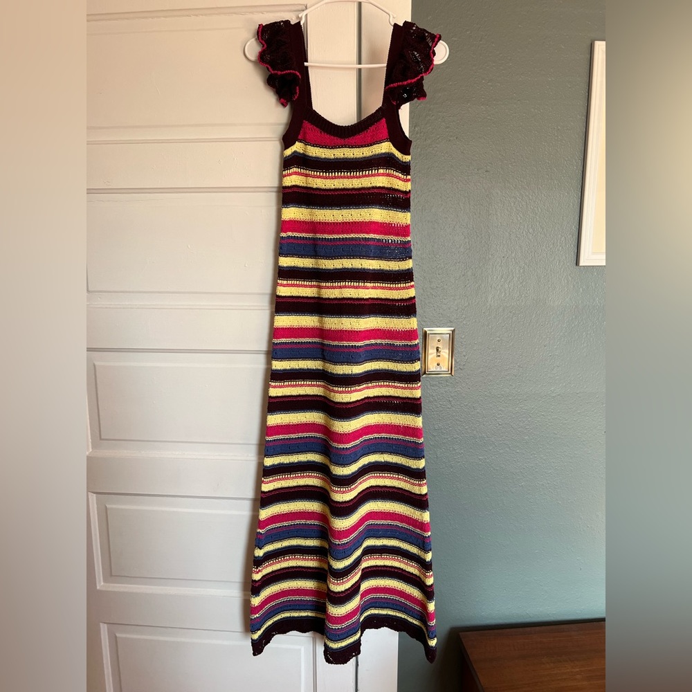 Zara Size Small Limited Edition Crochet Midi Ruffle Dress Multicolor Stripes